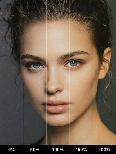 Pixigy KP4 classic color negative film-inspired preset at multiple strength levels, from 0% original to 200% intensity